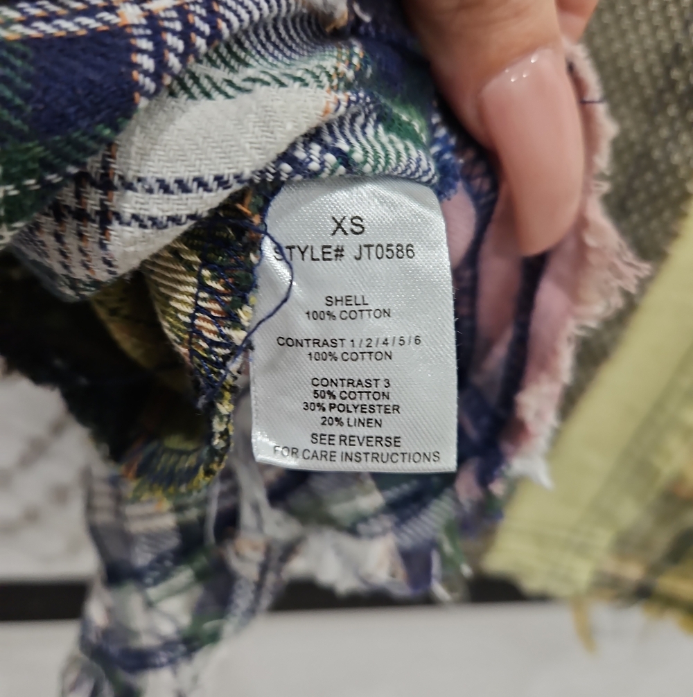 Patchwork Plaid Relaxed Waffle Upcycled Women's Top in Green & Blue Oversized - Picture 6 of 8